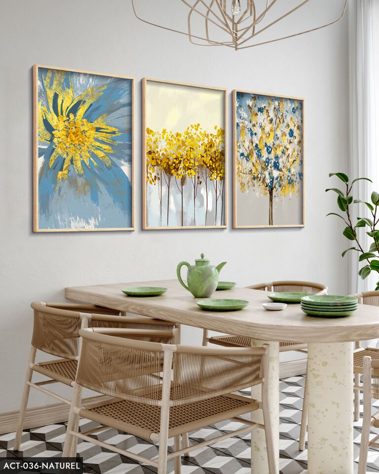 Mavi Çiçek Sulu Boya Görünümlü 3 Parça Ahşap Çerçeveli Tablo ACT Naturel - 50 x 70 CM