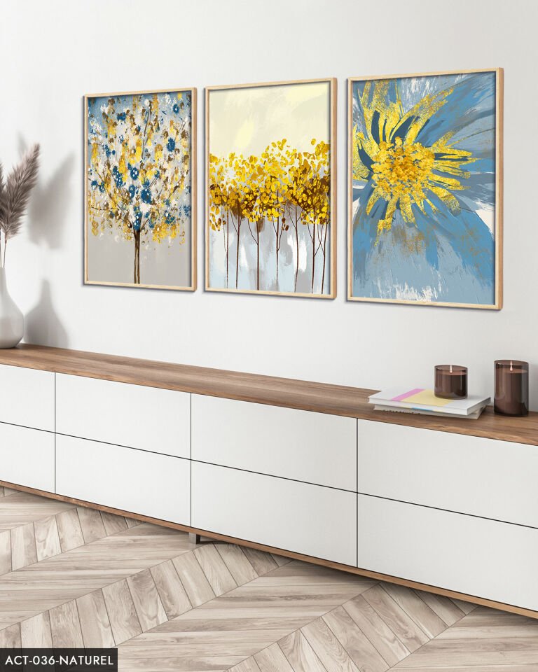 Mavi Çiçek Sulu Boya Görünümlü 3 Parça Ahşap Çerçeveli Tablo ACT Naturel - 50 x 70 CM