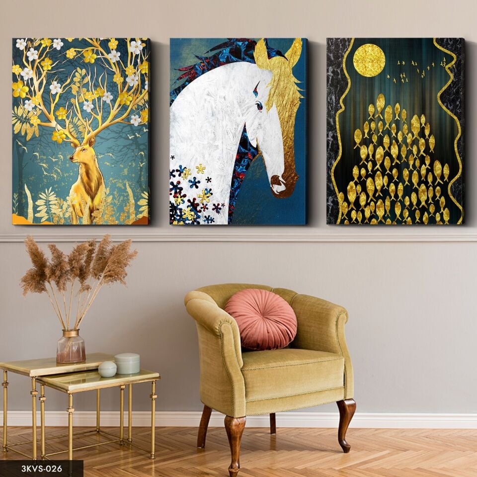 Gold Hayvanlar 3 Parça Kanvas - Canvas Tablo 40 x 30 CM