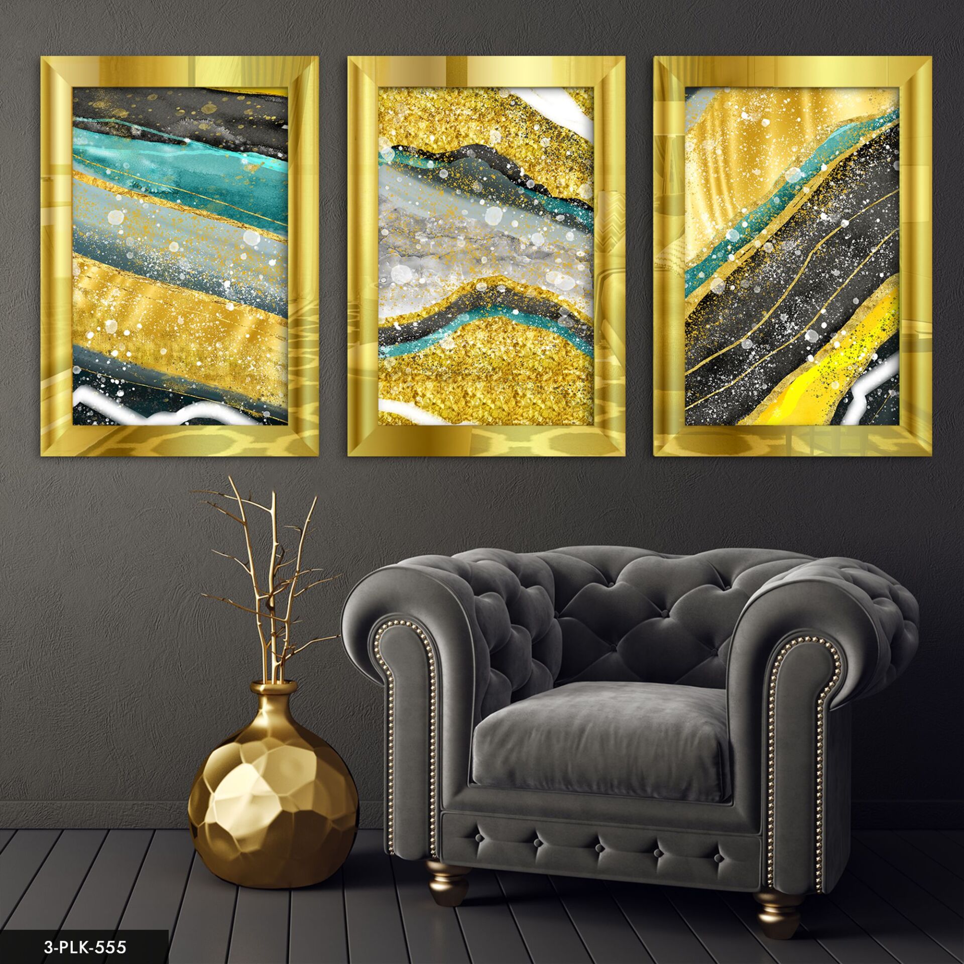 Soyut 3 Parça Pleksi Aynalı Tablo 30 x 40 CM - Gold