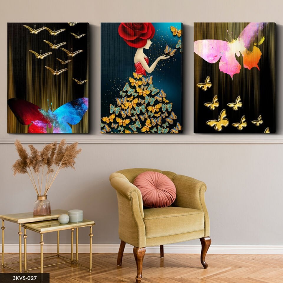 Gold Kelebekler 3 Parça Kanvas - Canvas Tablo 40 x 30 CM