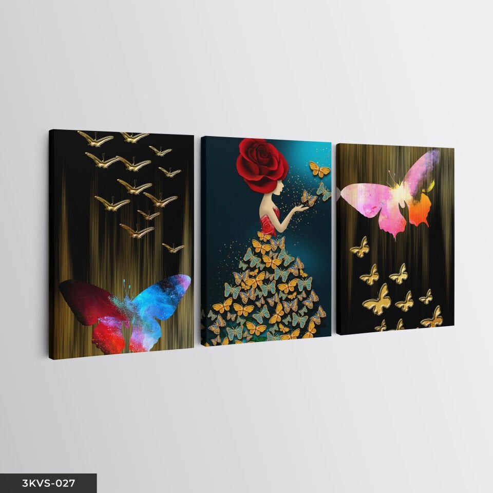 Gold Kelebekler 3 Parça Kanvas - Canvas Tablo 45 x 65 CM