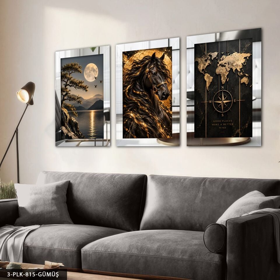 Gold Işıltılı At Manzara ve Harita 3 Parça Pleksi Aynalı Tablo Gümüş - 50 x 70 CM