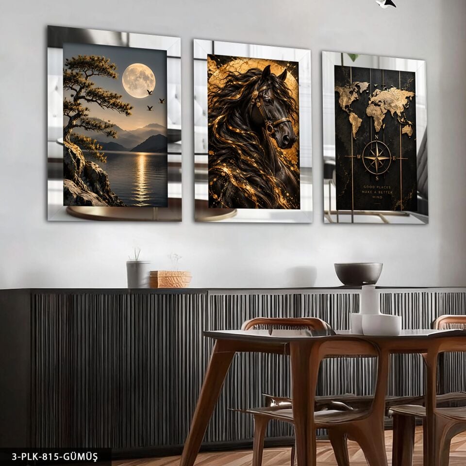 Gold Işıltılı At Manzara ve Harita 3 Parça Pleksi Aynalı Tablo Gümüş - 50 x 70 CM