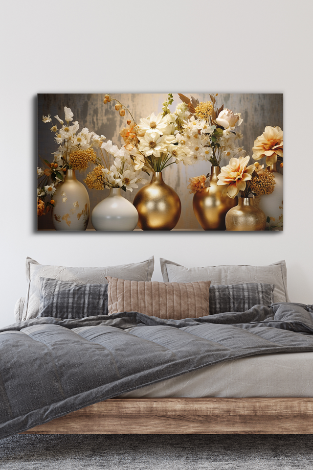 Gold Vazoda Çiçekler Tek Parça Kanvas - Canvas Tablo 90 x 50 CM - Çok Renkli