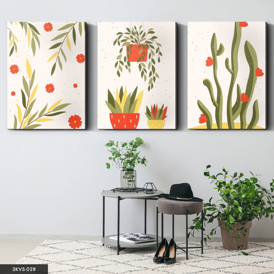 Çizim Çiçek 3 Parça Kanvas - Canvas Tablo 40 x 30 CM