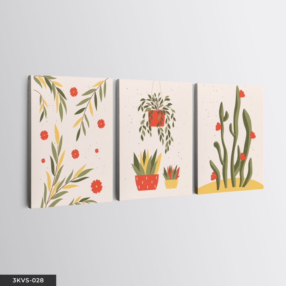 Çizim Çiçek 3 Parça Kanvas - Canvas Tablo 45 x 65 CM