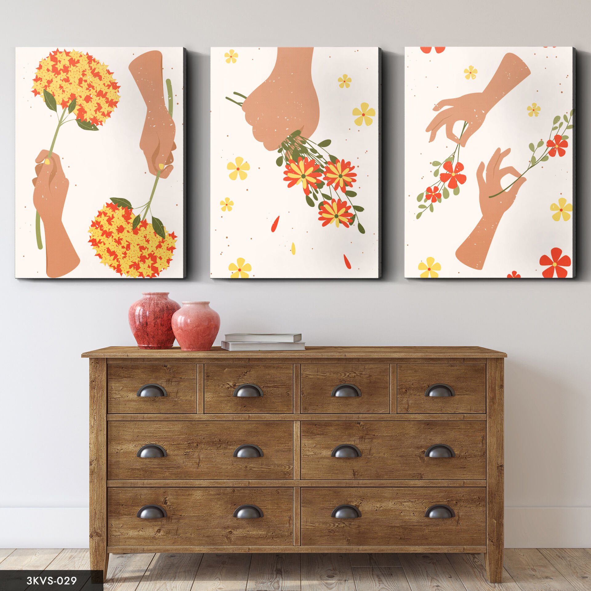 Çizim Çiçek 3 Parça Kanvas - Canvas Tablo 40 x 30 CM