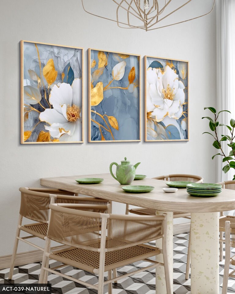 Mavi Renk Çiçekler 3 Parça Ahşap Çerçeveli Tablo ACT Naturel - 50 x 70 CM