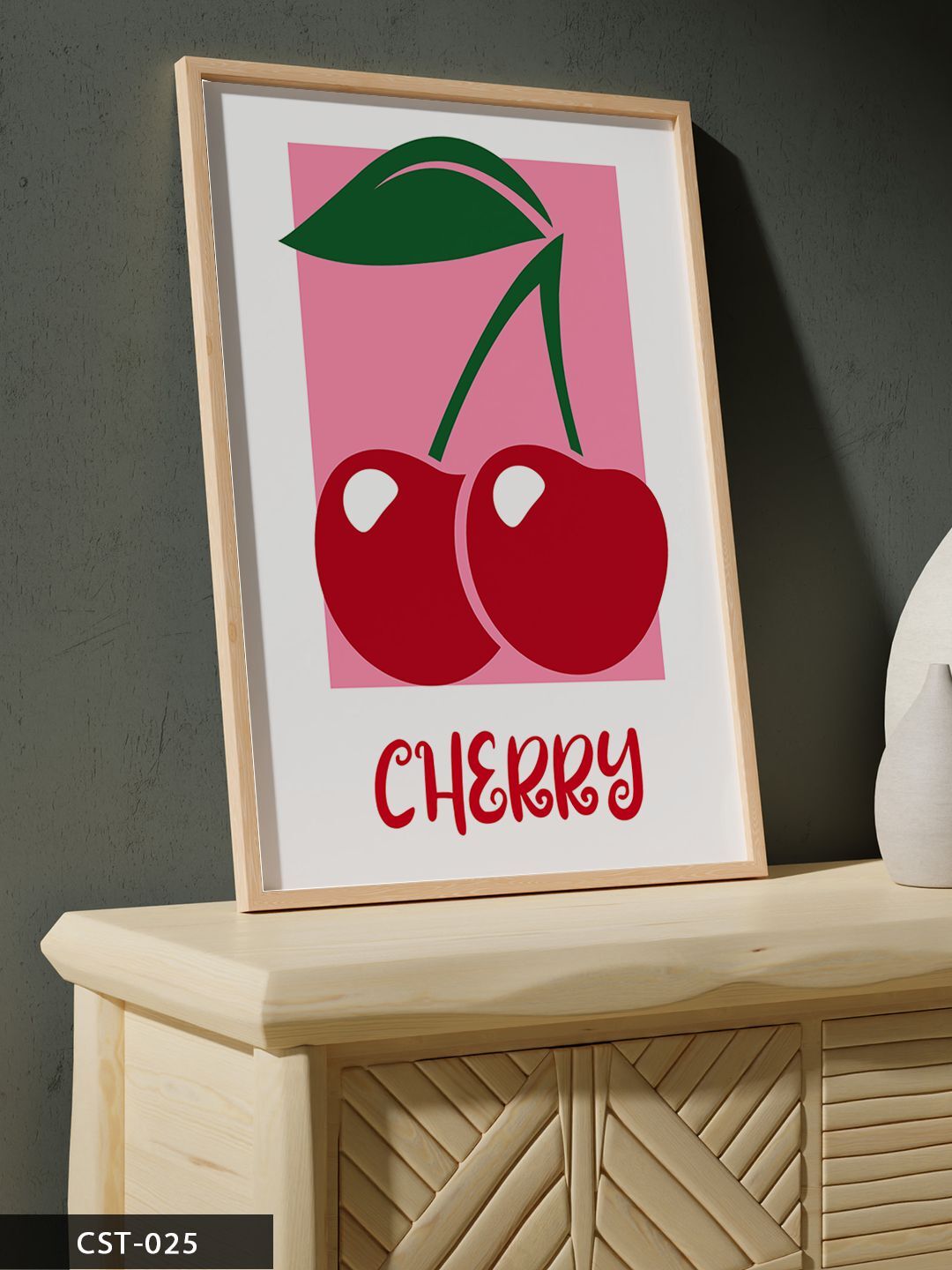 Cherry Pembe Kiraz Tek Parça Ahşap Çerçeveli Tablo Naturel - 50 x 70 CM