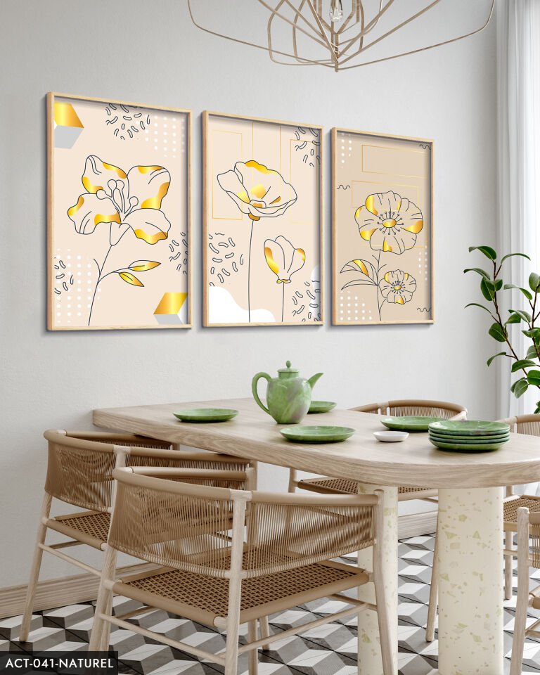 Çizim Çiçek 3 Parça Ahşap Çerçeveli Tablo ACT Naturel - 50 x 70 CM