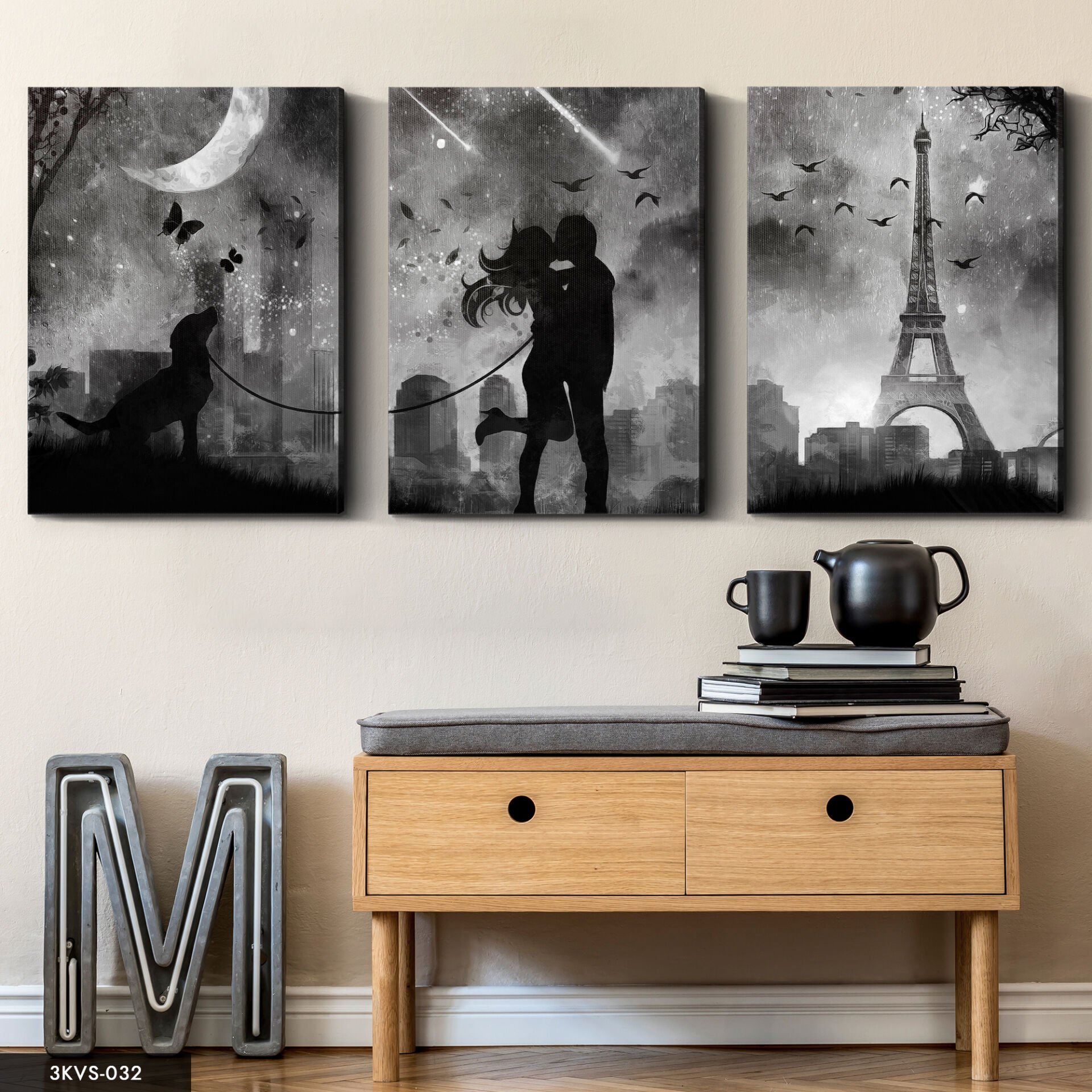 Aşk Eyfel Kulesi 3 Parça Kanvas - Canvas Tablo