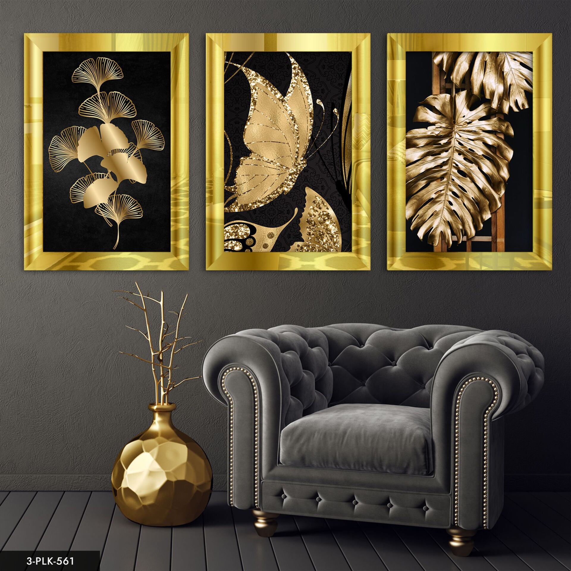 Kelebek Yaprak 3 Parça Pleksi Aynalı Tablo 30 x 40 CM - Gold