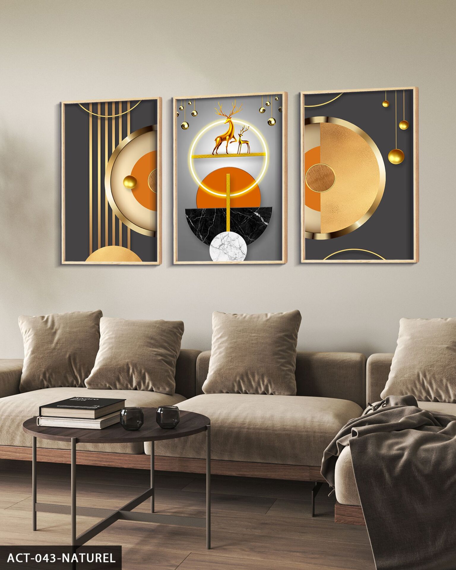 Gold, Geyik, Geometri, Soyut, Neon 3 Parça Ahşap Çerçeveli Tablo ACT Naturel - 50 x 70 CM