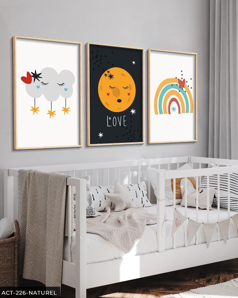 Gökyüzü Temalı 3 Parça Ahşap Çerçeveli Tablo ACT Naturel - 50 x 70 CM