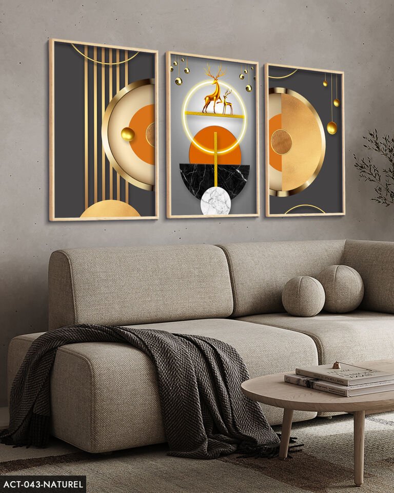 Gold, Geyik, Geometri, Soyut, Neon 3 Parça Ahşap Çerçeveli Tablo ACT Naturel - 50 x 70 CM