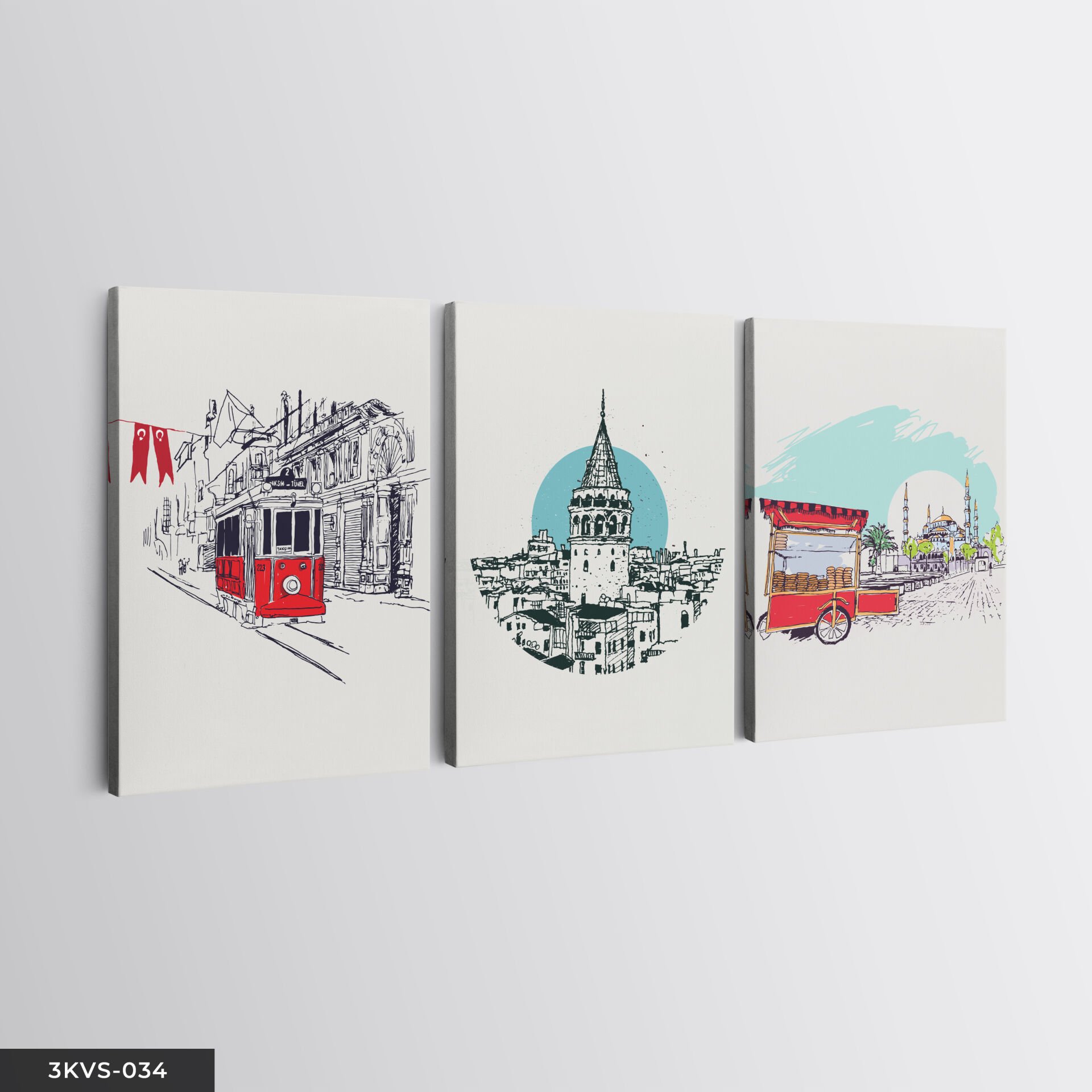 Çizim Istanbul 3 Parça Kanvas - Canvas Tablo 40 x 30 CM
