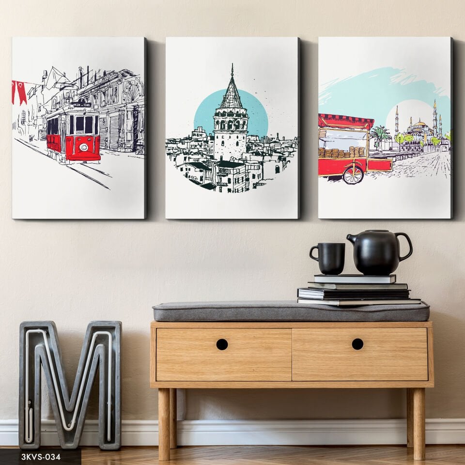 Çizim Istanbul 3 Parça Kanvas - Canvas Tablo 40 x 30 CM