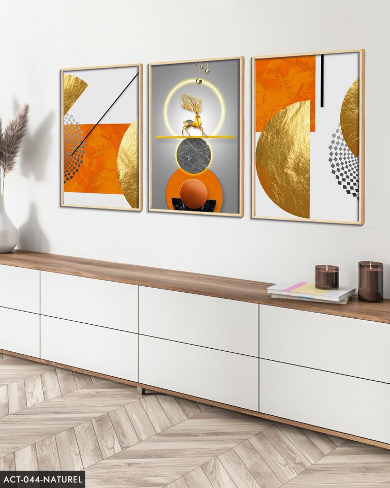 Gold, Geyik, Geometri, Soyut, Neon 3 Parça Ahşap Çerçeveli Tablo ACT Naturel - 50 x 70 CM