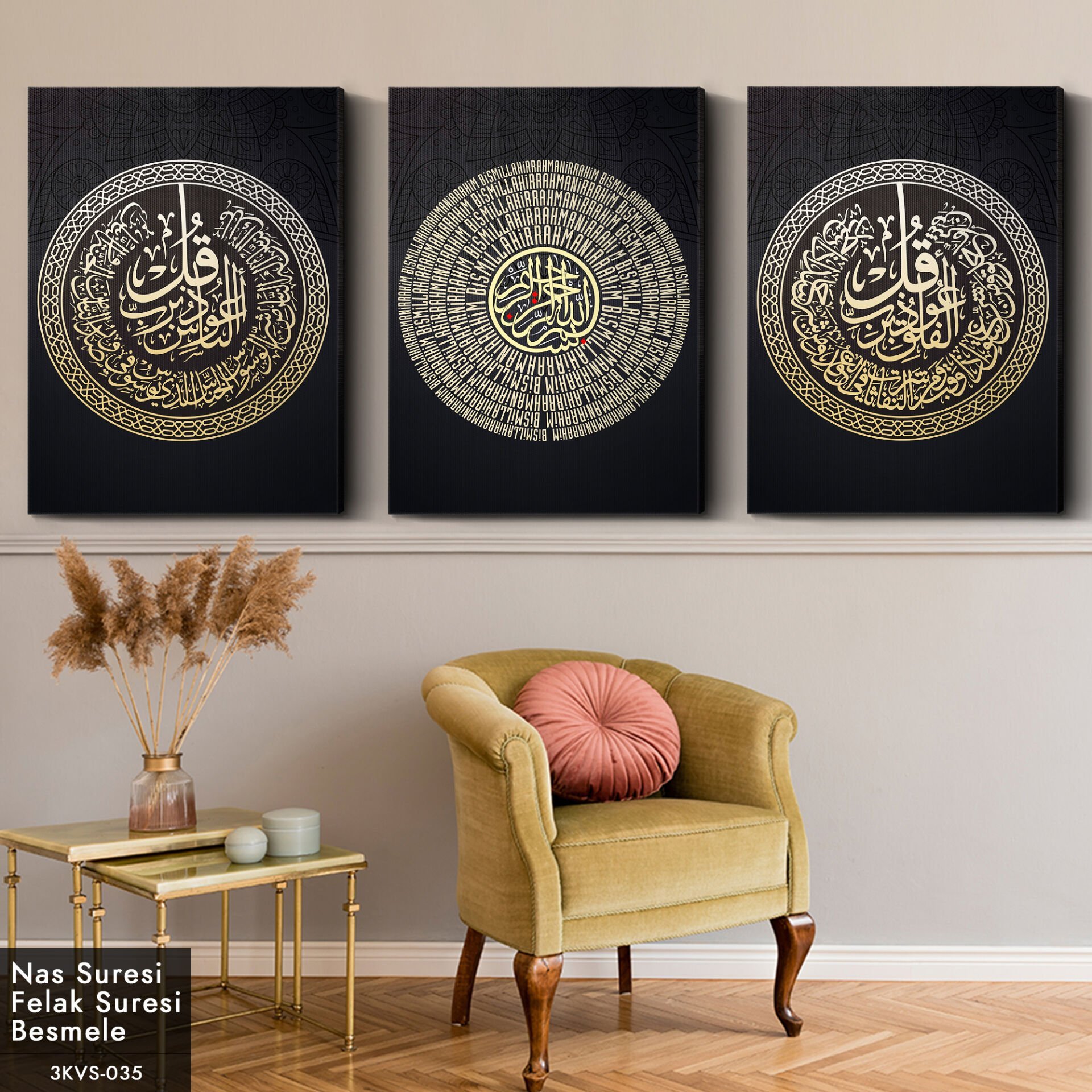 Dualar Gold 3 Parça Kanvas - Canvas Tablo 40 x 30 CM