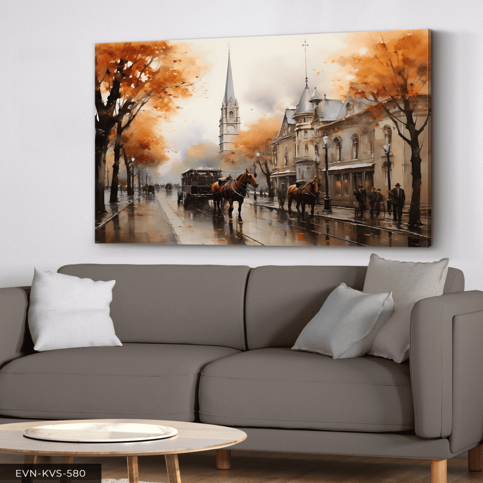 Atlı Fayton ve Sonbahar Tek Parça Kanvas - Canvas Tablo
