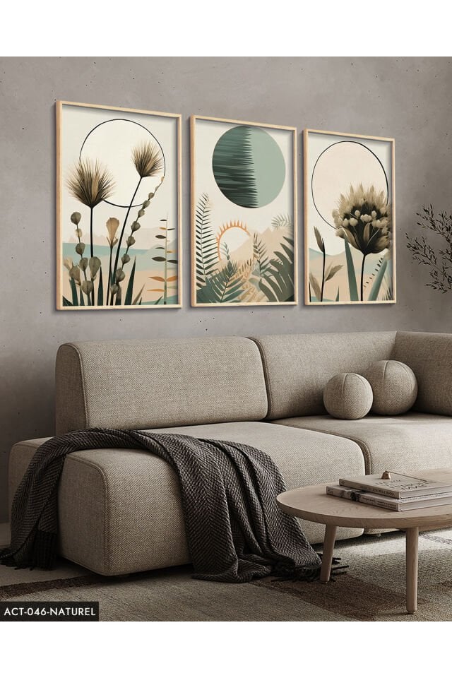 Boho Tarzı Suluboya Görünümlü 3 Parça Ahşap Çerçeveli Tablo ACT Naturel - 50 x 70 CM
