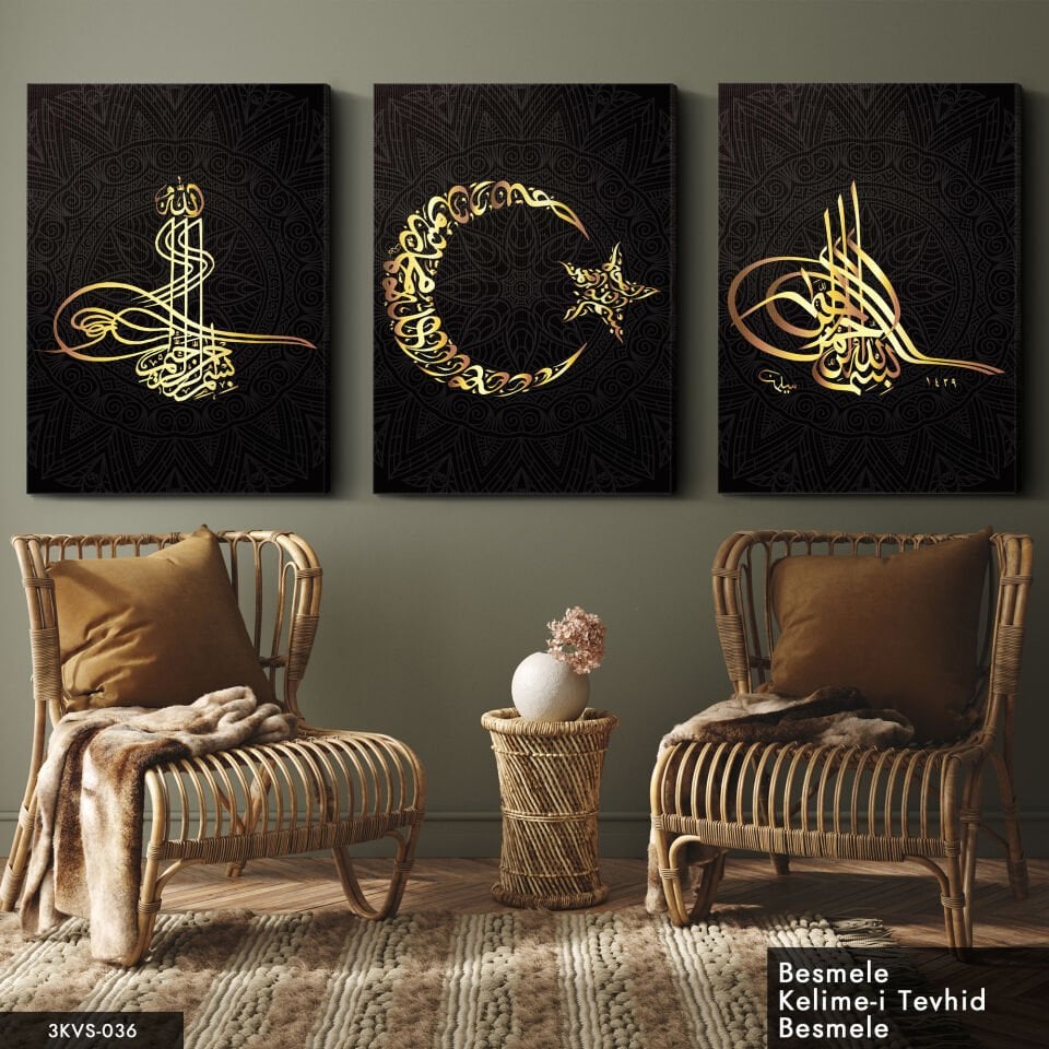 Besmele Türk Bayrağı Tuğra 3 Parça Kanvas - Canvas Tablo 40 x 30 CM