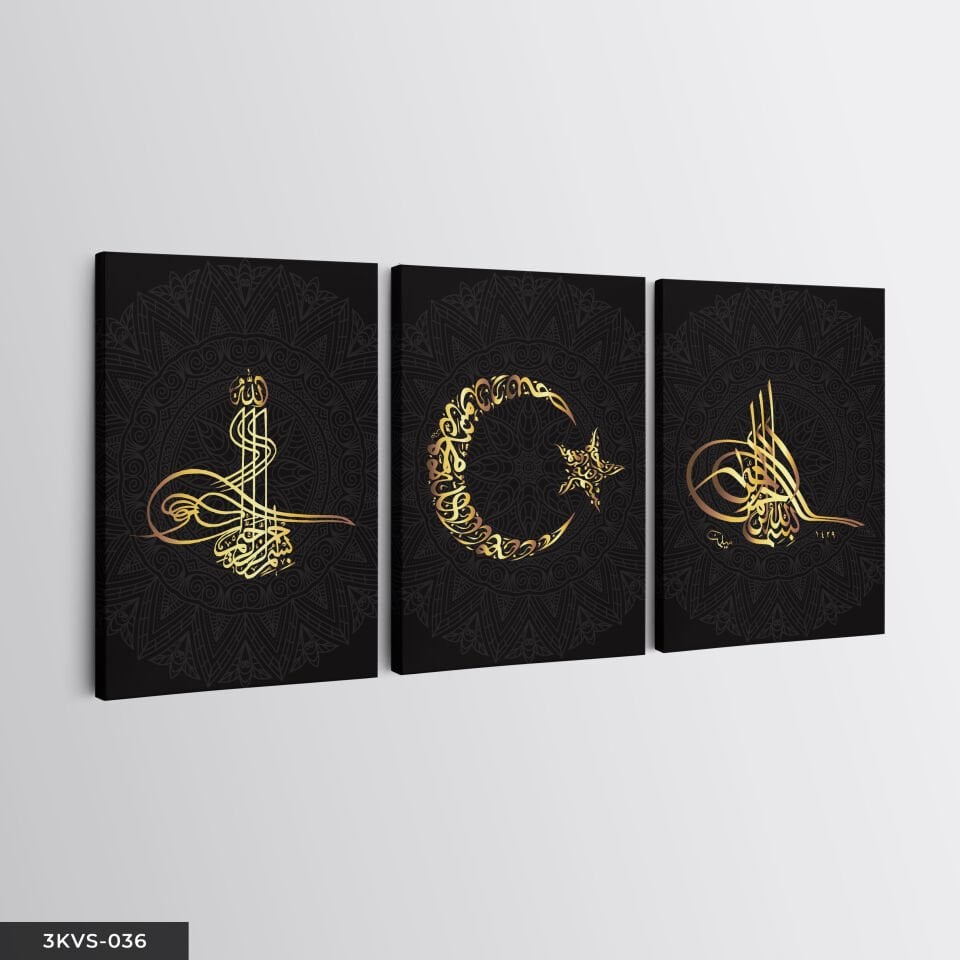 Besmele Türk Bayrağı Tuğra 3 Parça Kanvas - Canvas Tablo 45 x 65 CM