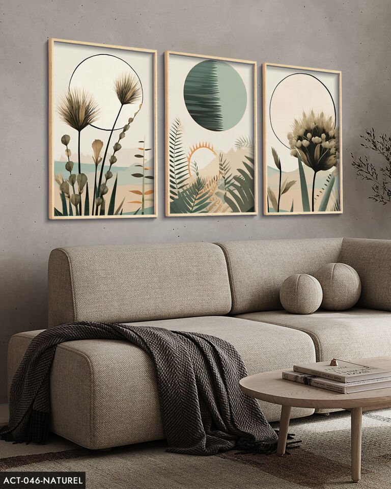 Boho Tarzı Suluboya Görünümlü 3 Parça Ahşap Çerçeveli Tablo ACT Naturel - 50 x 70 CM