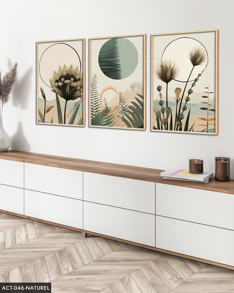 Boho Tarzı Suluboya Görünümlü 3 Parça Ahşap Çerçeveli Tablo ACT Naturel - 50 x 70 CM