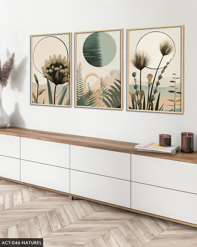 Boho Tarzı Suluboya Görünümlü 3 Parça Ahşap Çerçeveli Tablo ACT Naturel - 50 x 70 CM