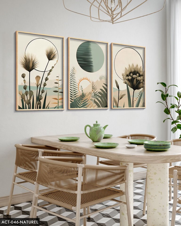Boho Tarzı Suluboya Görünümlü 3 Parça Ahşap Çerçeveli Tablo ACT Naturel - 50 x 70 CM