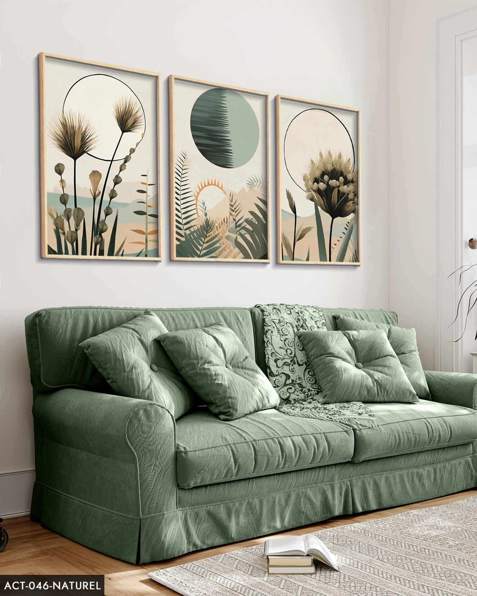 Boho Tarzı Suluboya Görünümlü 3 Parça Ahşap Çerçeveli Tablo ACT Naturel - 50 x 70 CM