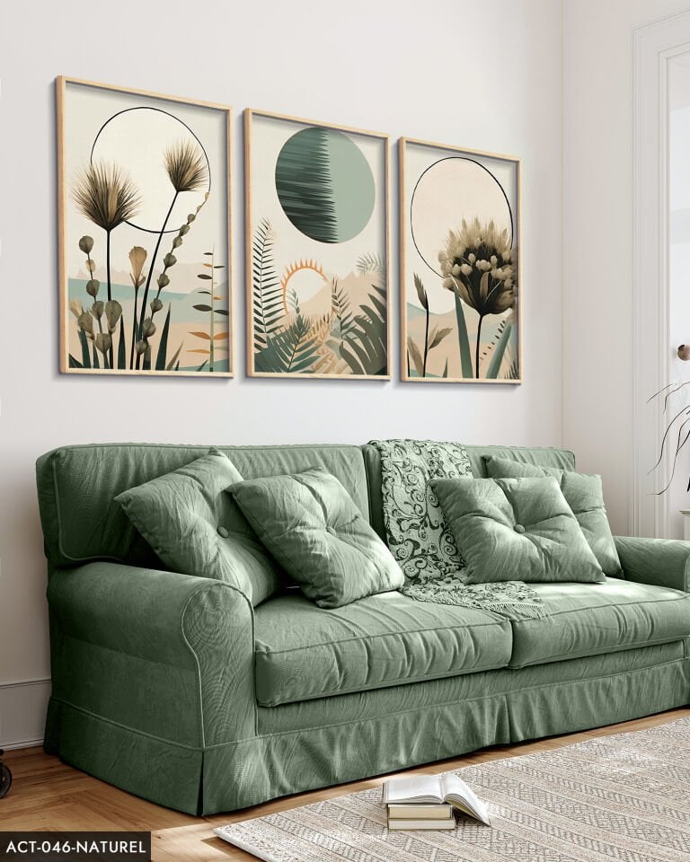 Boho Tarzı Suluboya Görünümlü 3 Parça Ahşap Çerçeveli Tablo ACT Naturel - 50 x 70 CM