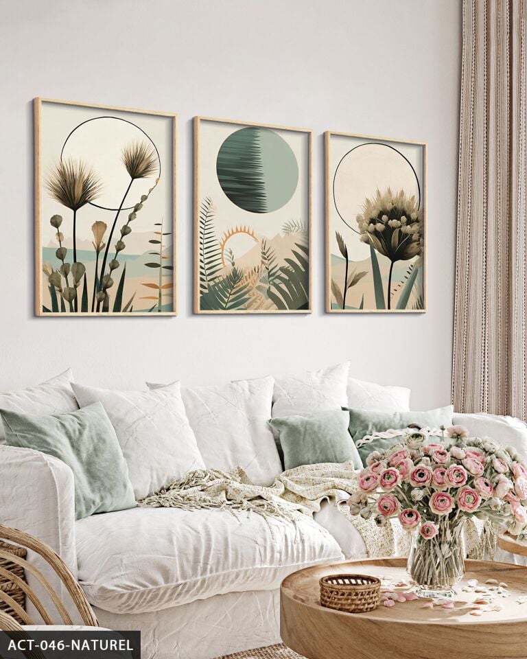 Boho Tarzı Suluboya Görünümlü 3 Parça Ahşap Çerçeveli Tablo ACT Naturel - 50 x 70 CM