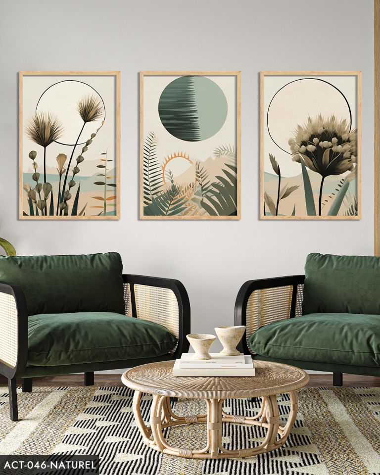Boho Tarzı Suluboya Görünümlü 3 Parça Ahşap Çerçeveli Tablo ACT Naturel - 50 x 70 CM