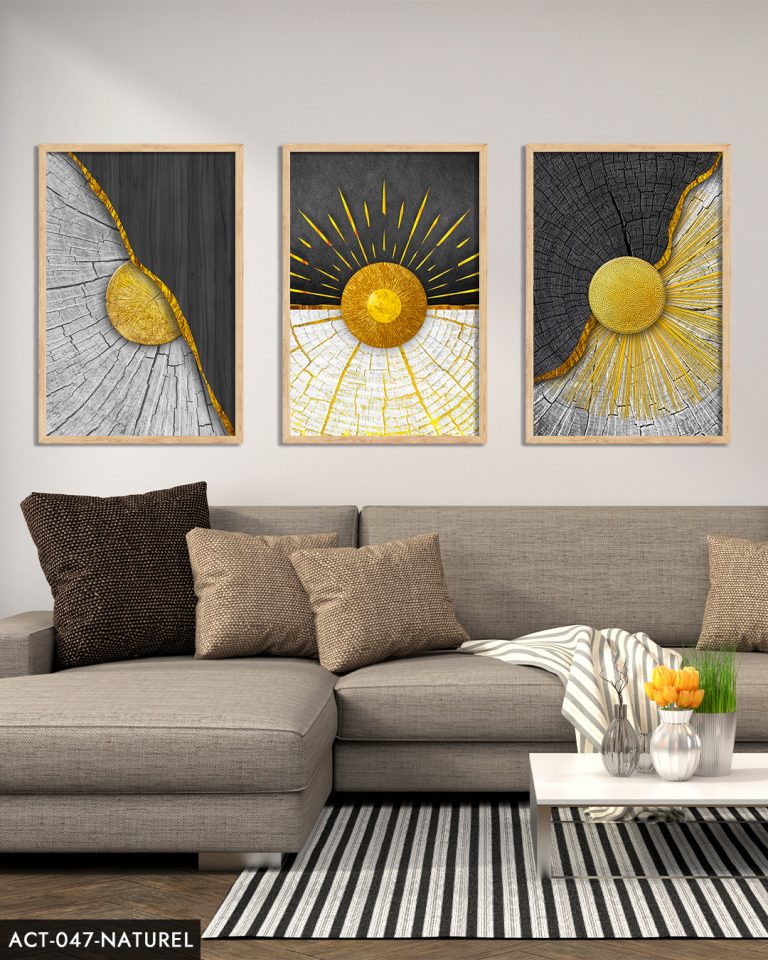 Soyut Altın Damar Desenli 3 Parça Ahşap Çerçeveli Tablo ACT Naturel - 50 x 70 CM