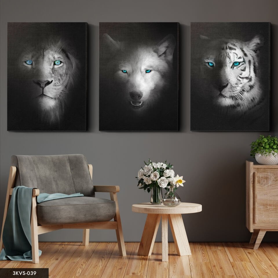 Aslan Kaplan Kurt 3 Parça Kanvas - Canvas Tablo 40 x 30 CM