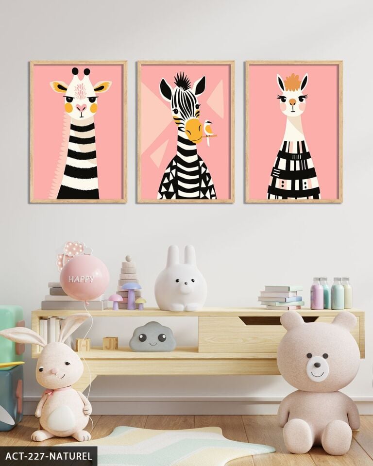 Hayvan Temalı Çocuk Odası 3 Parça Ahşap Çerçeveli Tablo ACT Naturel - 20 x 30 CM