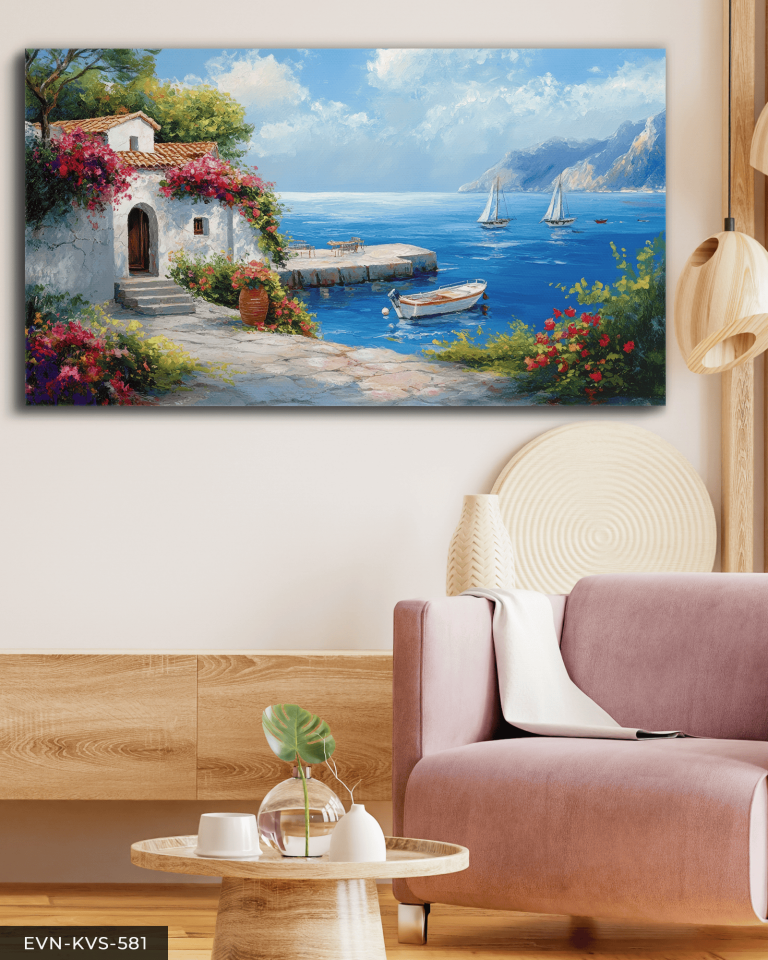 Deniz Kenarında Çiçekli Ev Tek Parça Kanvas - Canvas Tablo