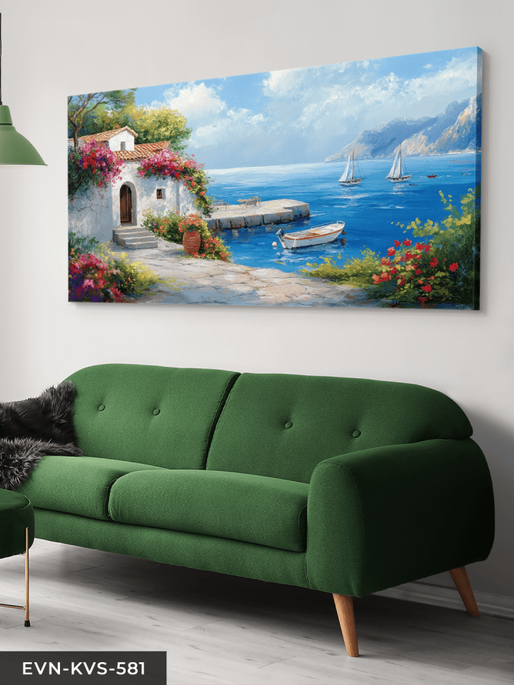 Deniz Kenarında Çiçekli Ev Tek Parça Kanvas - Canvas Tablo