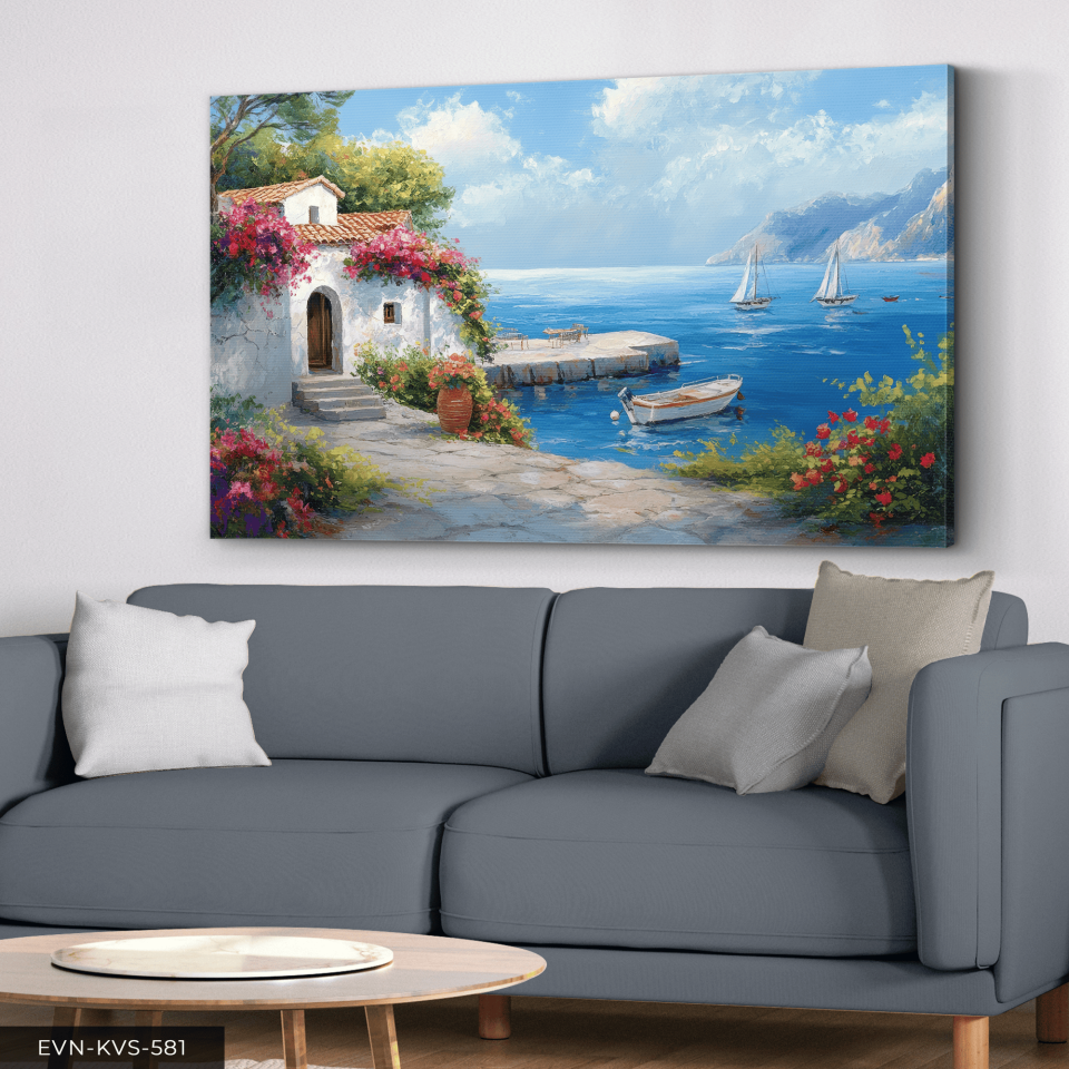 Deniz Kenarında Çiçekli Ev Tek Parça Kanvas - Canvas Tablo