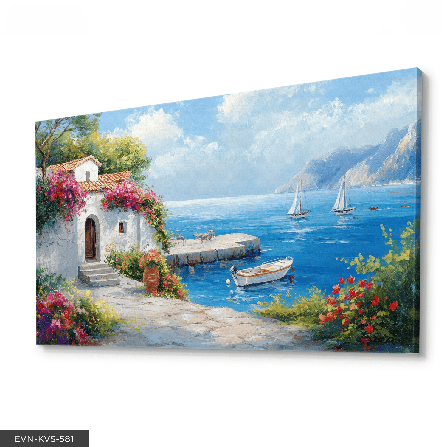 Deniz Kenarında Çiçekli Ev Tek Parça Kanvas - Canvas Tablo