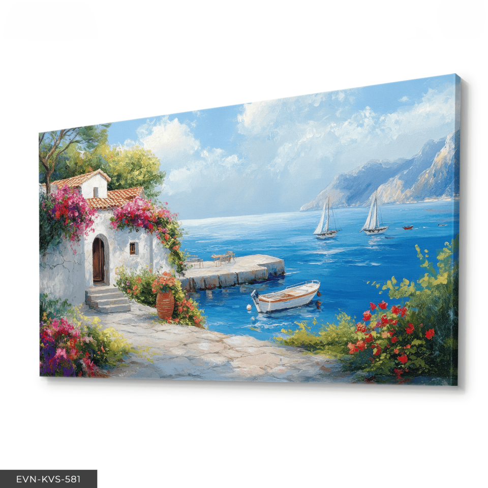 Deniz Kenarında Çiçekli Ev Tek Parça Kanvas - Canvas Tablo