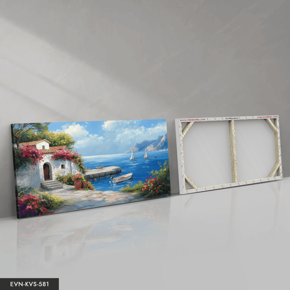 Deniz Kenarında Çiçekli Ev Tek Parça Kanvas - Canvas Tablo