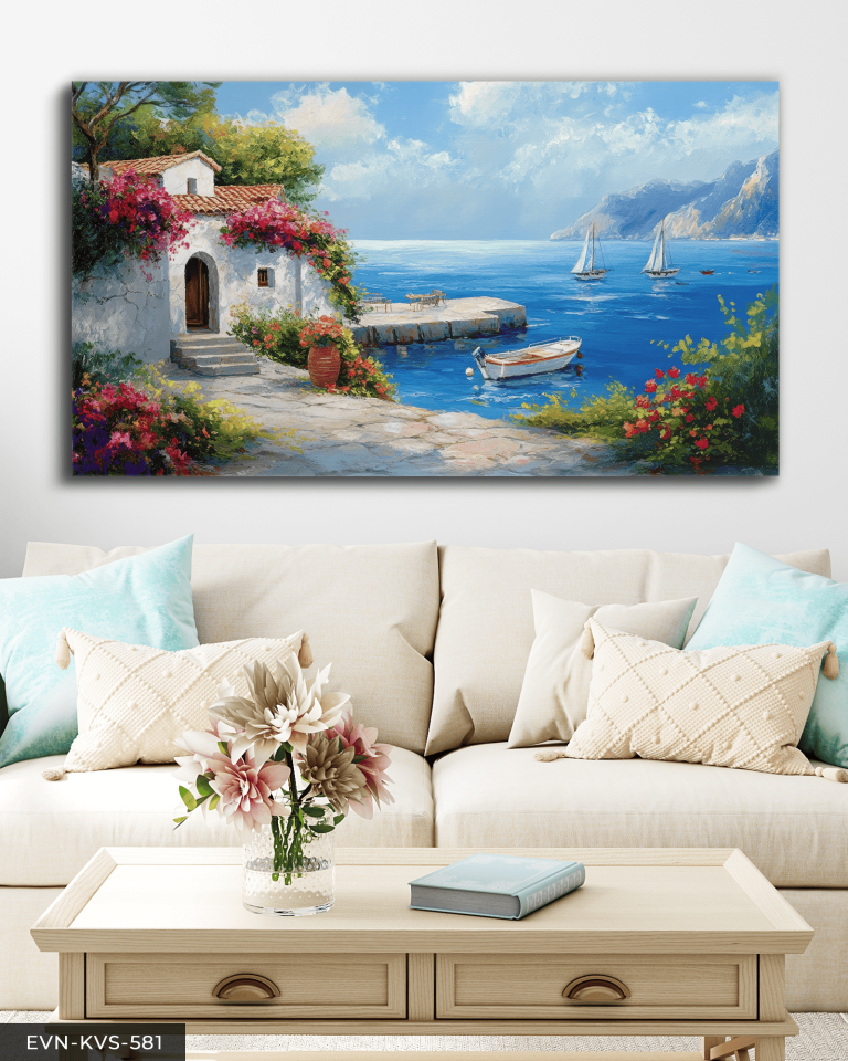 Deniz Kenarında Çiçekli Ev Tek Parça Kanvas - Canvas Tablo