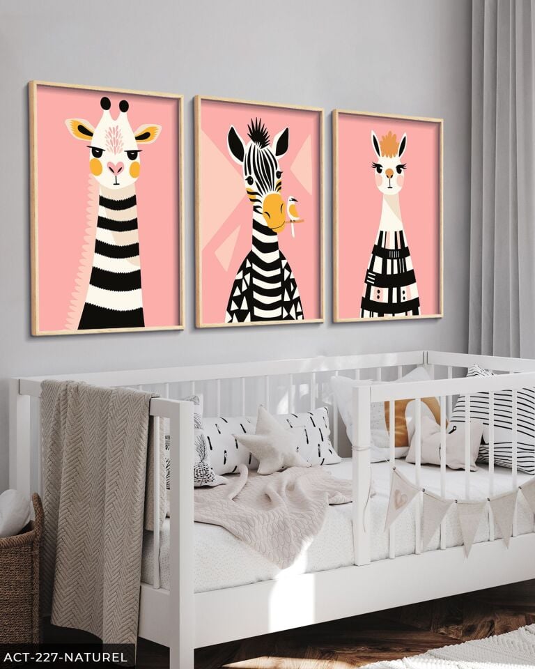 Hayvan Temalı Çocuk Odası 3 Parça Ahşap Çerçeveli Tablo ACT Naturel - 40 x 60 CM