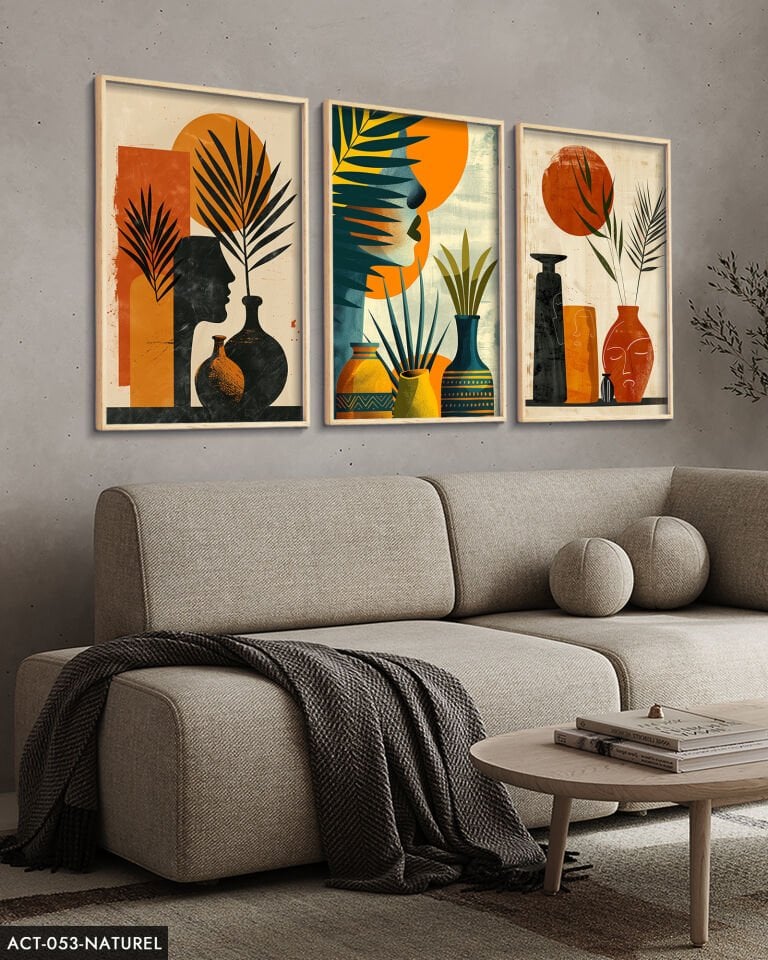 Bohem Tarz Modern 3 Parça Ahşap Çerçeveli Tablo ACT Naturel - 50 x 70 CM