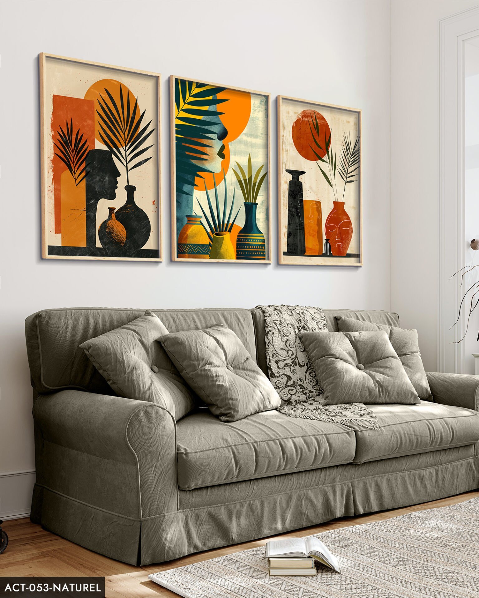 Bohem Tarz Modern 3 Parça Ahşap Çerçeveli Tablo ACT Naturel - 50 x 70 CM