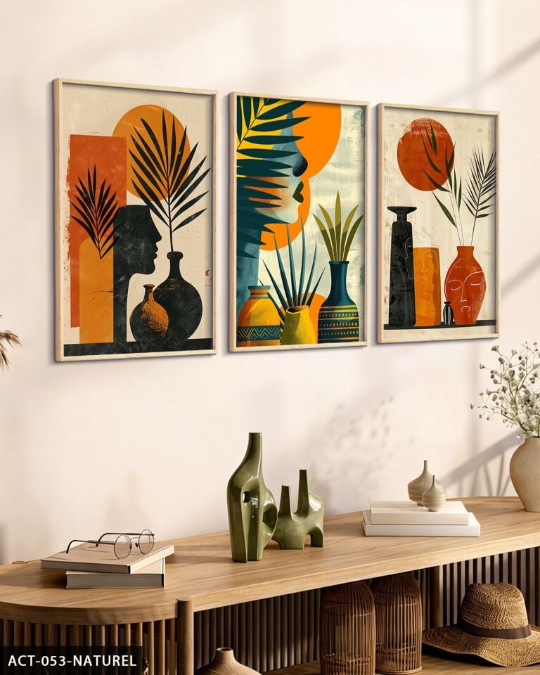 Bohem Tarz Modern 3 Parça Ahşap Çerçeveli Tablo ACT Naturel - 50 x 70 CM